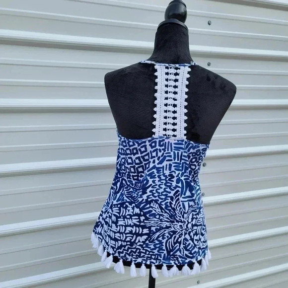Lilly Pulitzer Nya Tank Blue White Racerback Crochet Lace Stretch Pom Trim XXS - Picture 9 of 13